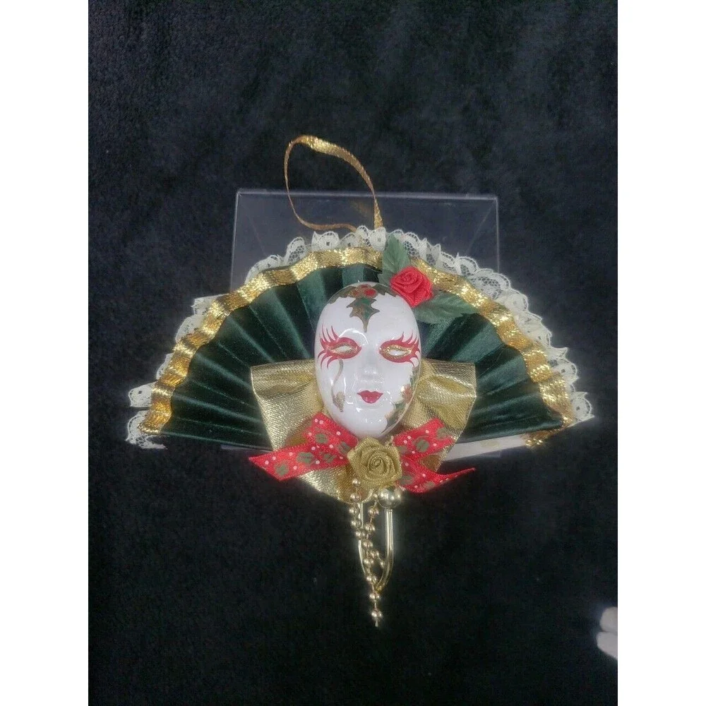 Porcelain Mardi Gras Face Mask Fan Wall Decor Ornament Red Green Christmas